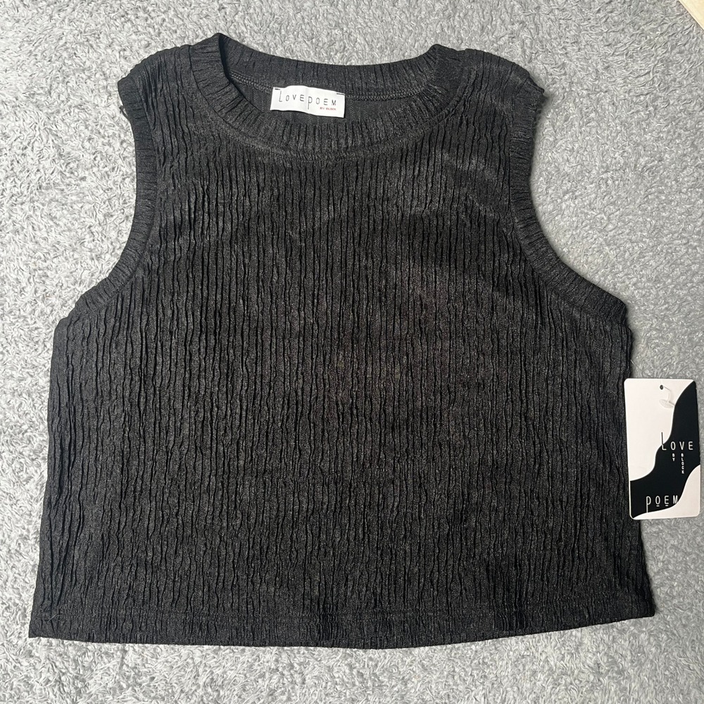 Love Poem Women 2X Tank Top Black Crinkle Pleated Sleeveless Crop IRIS-1S PLUS